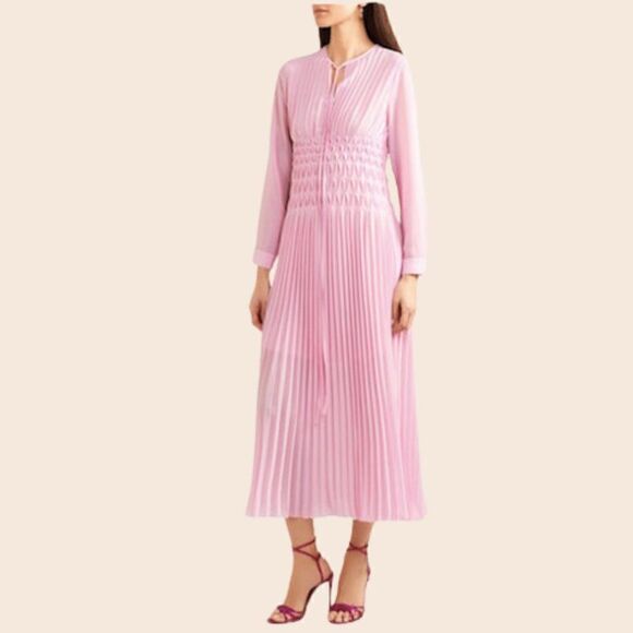 Maje Pink Pleated Geometric Chiffon Midi Dress Size 1 - Picture 2 of 16